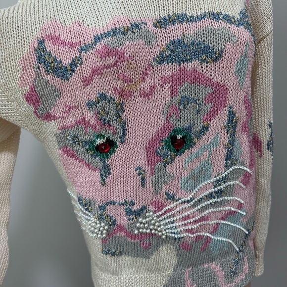 Nannell Vintage Beaded Pearl Leopard Cheetah Pink Unique Knit Sweater Medium - Picture 2 of 7